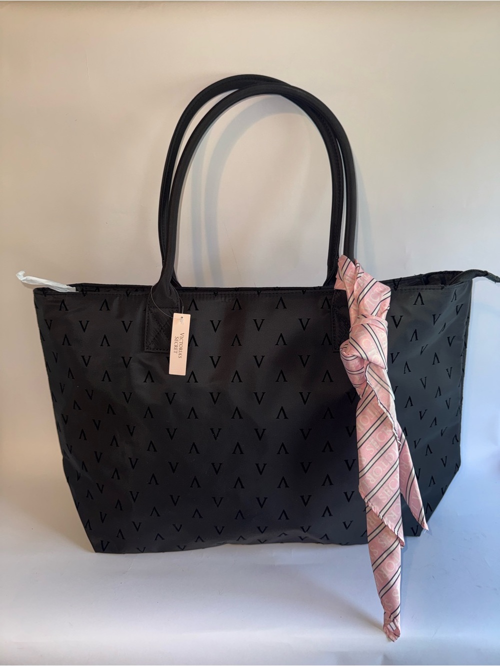 Victoria’s Secret Black “V” Logo Nylon Tote with Pink Scarf NWT